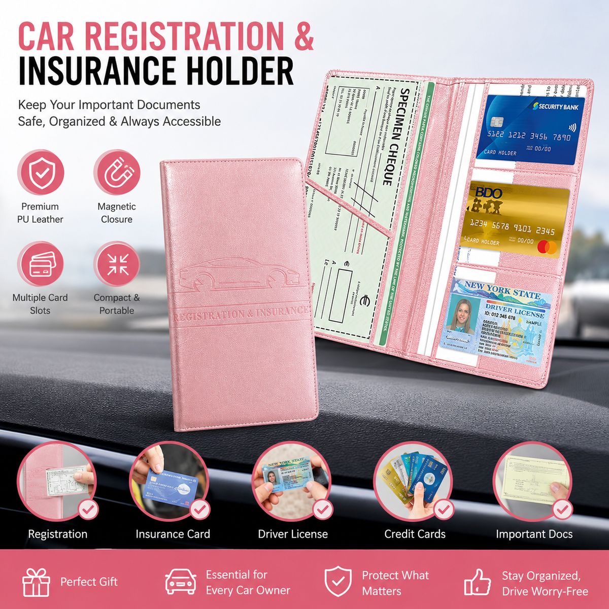 π Car Registration & Insurance Document Holder | Premium PU Leather Organizer