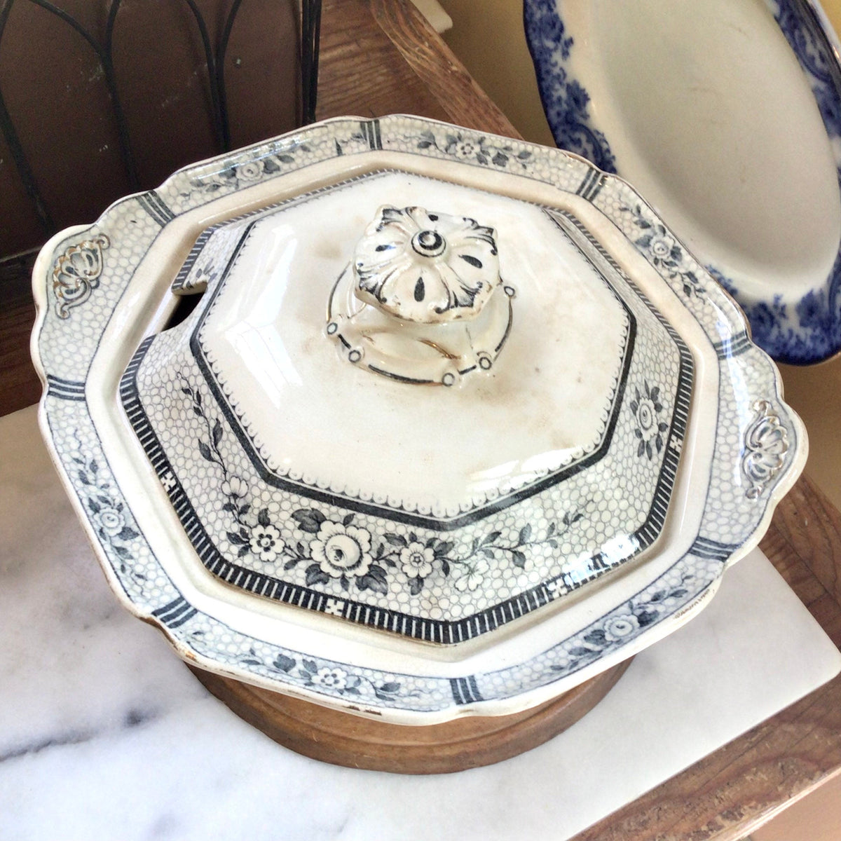 Antique Blue & White Covered Tureen English Burleigh Ware
