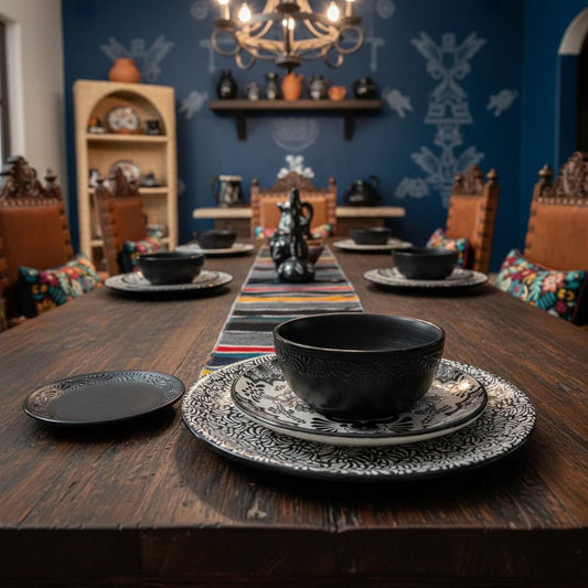 Talavera Dinnerware Personal Set, Black Tableware Set, 5 Pieces